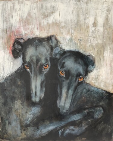 Painting titled "BLUE DOGS" by Eva Fialka, Original Artwork, Acrylic Mounted on Wood Stretcher frame