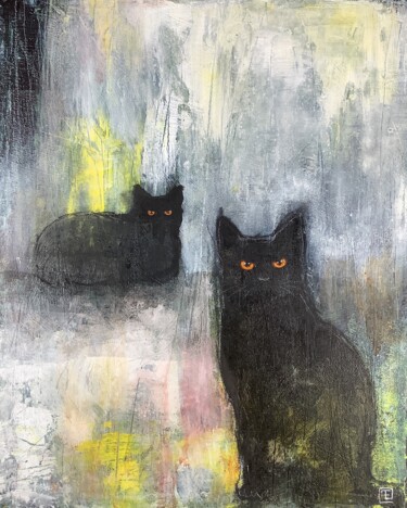 Painting titled "ABSTRACT BLACK CATS" by Eva Fialka, Original Artwork, Acrylic Mounted on Wood Stretcher frame