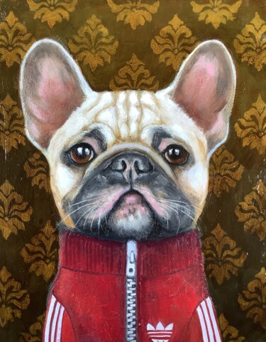 Painting titled "FRENCH BULLDOG" by Eva Fialka, Original Artwork, Oil Mounted on Wood Stretcher frame