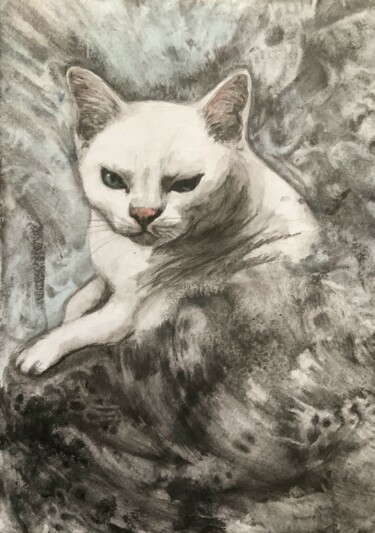 Schilderij getiteld "CHAT BLANC" door Eva Fialka, Origineel Kunstwerk, Aquarel