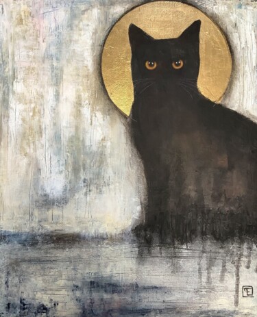 Painting titled "LE CHAT NOIR" by Eva Fialka, Original Artwork, Acrylic Mounted on Wood Stretcher frame