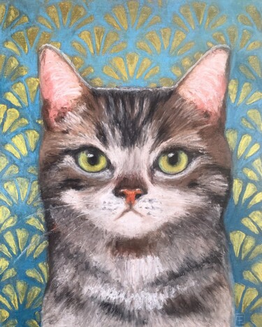 Painting titled "CHAT TIGRÉ" by Eva Fialka, Original Artwork, Oil Mounted on Cardboard