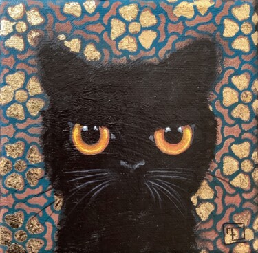 Painting titled "CHATON NOIR 5" by Eva Fialka, Original Artwork, Acrylic Mounted on Wood Stretcher frame