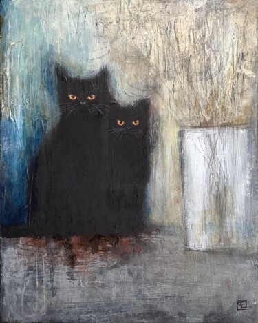 绘画 标题为“BLACK CATS3” 由Eva Fialka, 原创艺术品, 丙烯 安装在木质担架架上