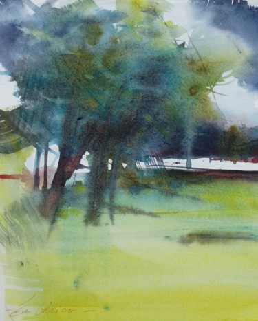 Peinture intitulée "Au loin l'étang" par Eva Gohier, Œuvre d'art originale, Aquarelle