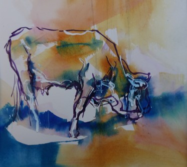 Painting titled "Vache broutant" by Eva Gohier, Original Artwork, Watercolor