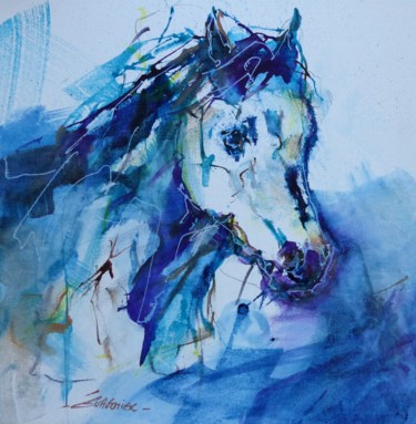 Painting titled "Blue horse" by Eva Gohier, Original Artwork, Acrylic