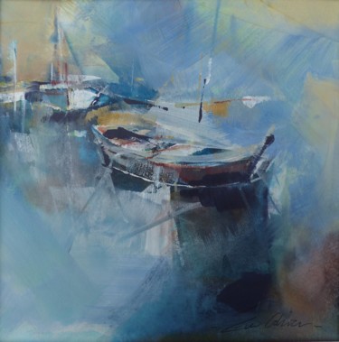 Painting titled "Barques bleues" by Eva Gohier, Original Artwork, Watercolor