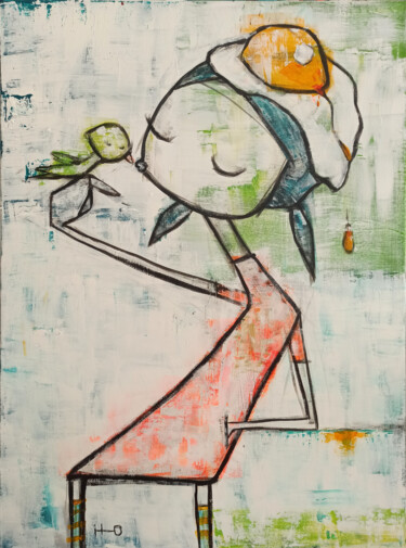 Painting titled "Piquito y huevo fri…" by Eva Hidalgo, Original Artwork, Acrylic Mounted on Wood Stretcher frame