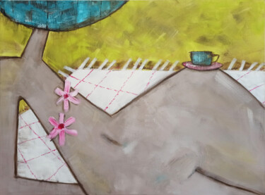 Schilderij getiteld "Picknick" door Eva Hidalgo, Origineel Kunstwerk, Acryl Gemonteerd op Frame voor houten brancard