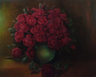Painting titled "Красные розы" by Eva Lazaryan, Original Artwork, Oil Mounted on Wood Stretcher frame