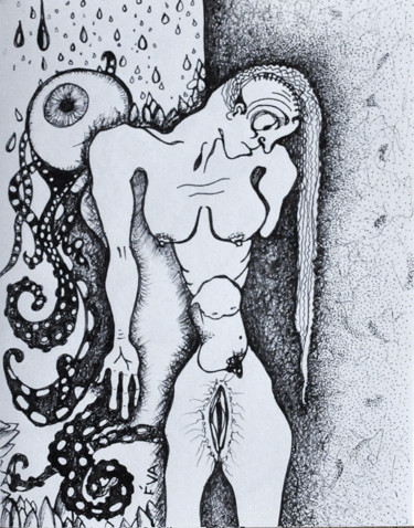 Dessin intitulée "Femme-Homme-Pieuvre" par Eva Mifsud, Œuvre d'art originale, Encre