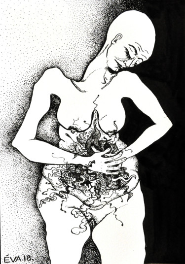 Dessin intitulée "Les mots du ventre…" par Eva Mifsud, Œuvre d'art originale, Encre
