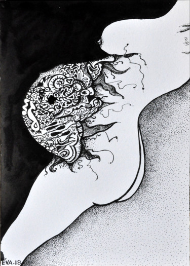 Dessin intitulée "Les mots du ventre…" par Eva Mifsud, Œuvre d'art originale, Encre