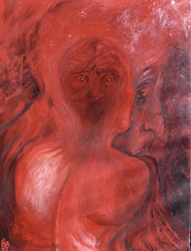 Painting titled "Trois visages rouges" by Eva Mifsud, Original Artwork, Oil