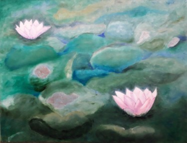 Malerei mit dem Titel "lotuses and the fla…" von Éva Mihalovics, Original-Kunstwerk, Öl
