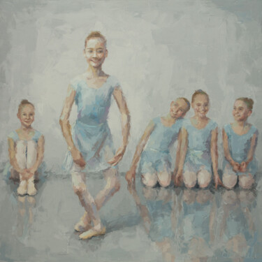 Schilderij getiteld "Ballet Class.Little…" door Eva Mili, Origineel Kunstwerk, Olie Gemonteerd op Frame voor houten brancard