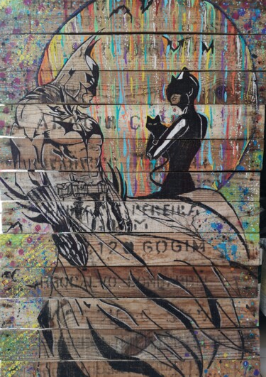 Pintura intitulada "Batman vs Catwoman" por Eva Pantera, Obras de arte originais, Tinta spray