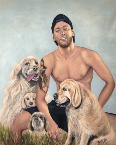 Peinture intitulée "Neymar et ses chiens" par Eva Pelles, Œuvre d'art originale, Acrylique Monté sur Châssis en bois