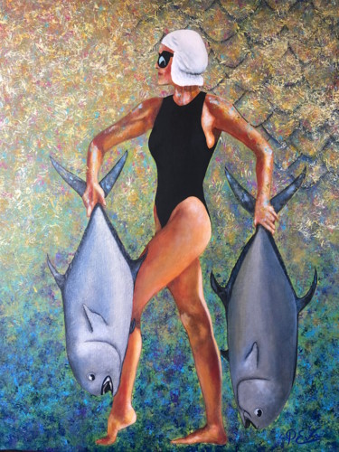 Peinture intitulée "La femme aux poisso…" par Eva Pelles, Œuvre d'art originale, Acrylique Monté sur Châssis en bois