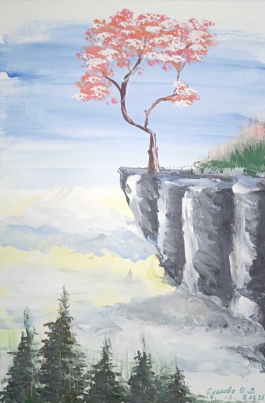 Malarstwo zatytułowany „Сакура в облаках” autorstwa Инна Иероглифова, Oryginalna praca, Gwasz Zamontowany na Szkło