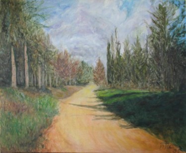 Painting titled "Path with cipresses" by Eva Ban Gophen, Original Artwork, Oil Mounted on Wood Stretcher frame
