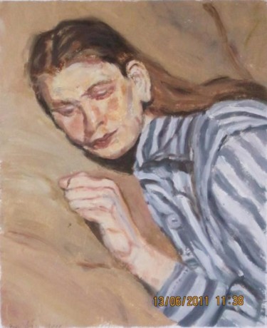 Painting titled "Girl with stripped…" by Eva Ban Gophen, Original Artwork, Oil