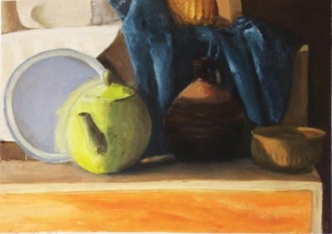 Painting titled "The green teapot" by Eva Ban Gophen, Original Artwork, Oil