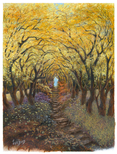 Disegno intitolato ""Fall Flowered Path"" da Eva Maria Jones, Opera d'arte originale, Pennarello
