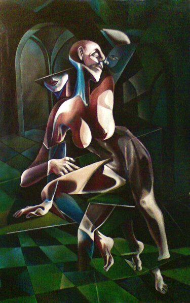 Painting titled "donna-con-sfaccetta…" by Evaldo Amatizi, Original Artwork, Oil