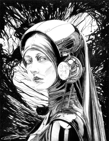 Tekening getiteld "Girl from Earth wit…" door Evan Chastagner, Origineel Kunstwerk, Inkt