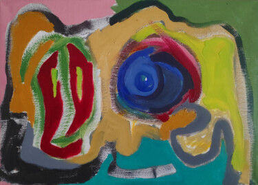 Painting titled "the blue eyed eleph…" by Evangelos Papapostolou, Original Artwork, Oil Mounted on Wood Stretcher frame
