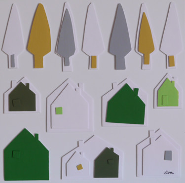 Collages getiteld "Le petit village (5)" door Eva Rouwens, Origineel Kunstwerk