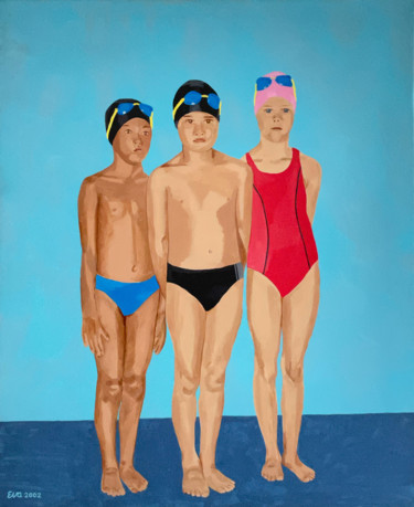 Painting titled "La piscine" by Eva Rouwens, Original Artwork, Acrylic Mounted on Wood Stretcher frame