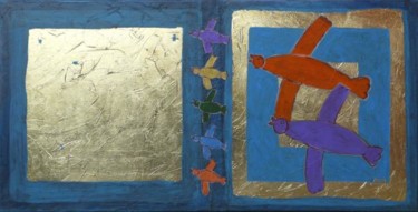 Painting titled "Les oiseaux" by Eva Rouwens, Original Artwork, Acrylic Mounted on Wood Stretcher frame