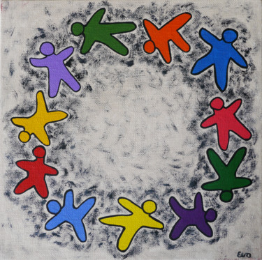 Painting titled "11 Hommes" by Eva Rouwens, Original Artwork, Acrylic Mounted on Cardboard