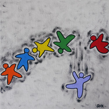 Painting titled "6 Hommes" by Eva Rouwens, Original Artwork, Acrylic Mounted on Cardboard