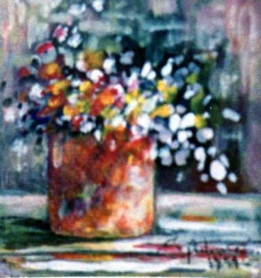 Painting titled "Maceta con flores" by Eva Salazar Castro, Original Artwork, Oil