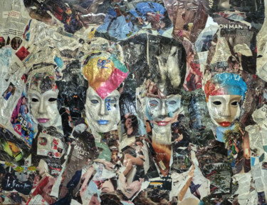 Collages titled "les masques" by Gilbert Le Vast, Original Artwork, Collages Mounted on Wood Stretcher frame