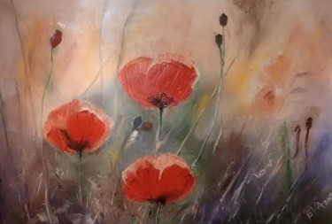 Painting titled "Red poppies" by Evdokiya Hristova, Original Artwork, Oil
