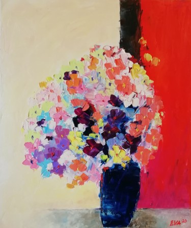 Painting titled "Vase with Flowers" by Evdokiya Hristova, Original Artwork, Oil Mounted on Wood Stretcher frame