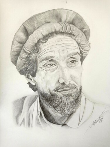 Disegno intitolato "Commandant Massoud" da Eve Casanova, Opera d'arte originale, Matita