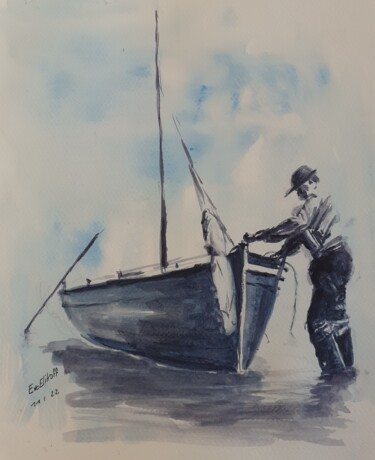 Pintura intitulada "L'homme à la barque" por Eve Elikoff, Obras de arte originais, Aquarela