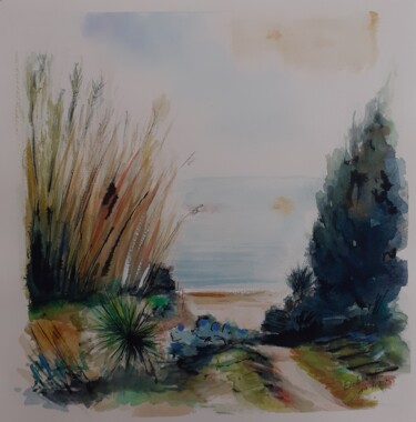 Painting titled "Plage des grottes a…" by Eve Elikoff, Original Artwork, Watercolor