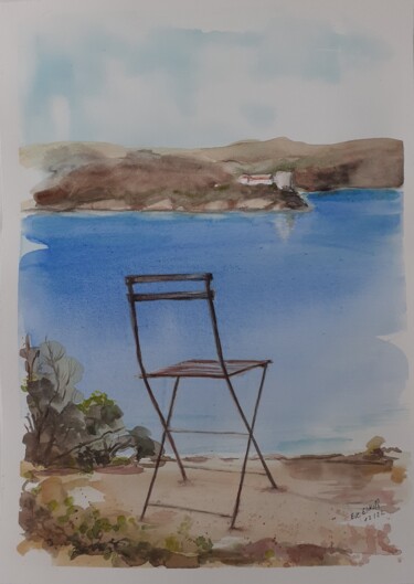 Peinture intitulée "Chaise devant Port…" par Eve Elikoff, Œuvre d'art originale, Aquarelle