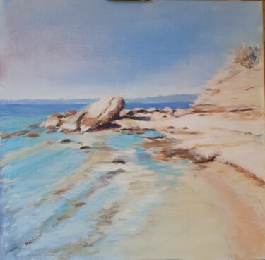 Painting titled "île du Levant plage…" by Eve Elikoff, Original Artwork, Oil Mounted on Wood Stretcher frame