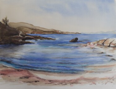 Painting titled "Plage des grottes e…" by Eve Elikoff, Original Artwork, Watercolor