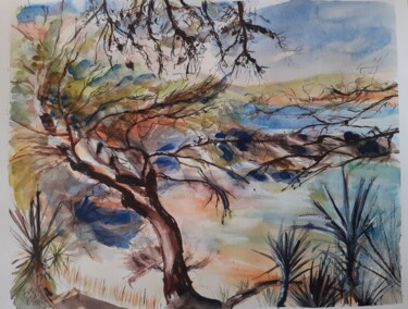 Painting titled "Plage des Grottes c…" by Eve Elikoff, Original Artwork, Watercolor