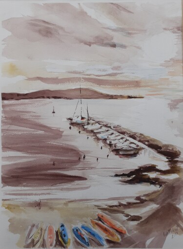 Painting titled "Canoës" by Eve Elikoff, Original Artwork, Watercolor