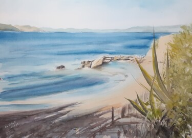 Painting titled "Plage des grottes" by Eve Elikoff, Original Artwork, Watercolor